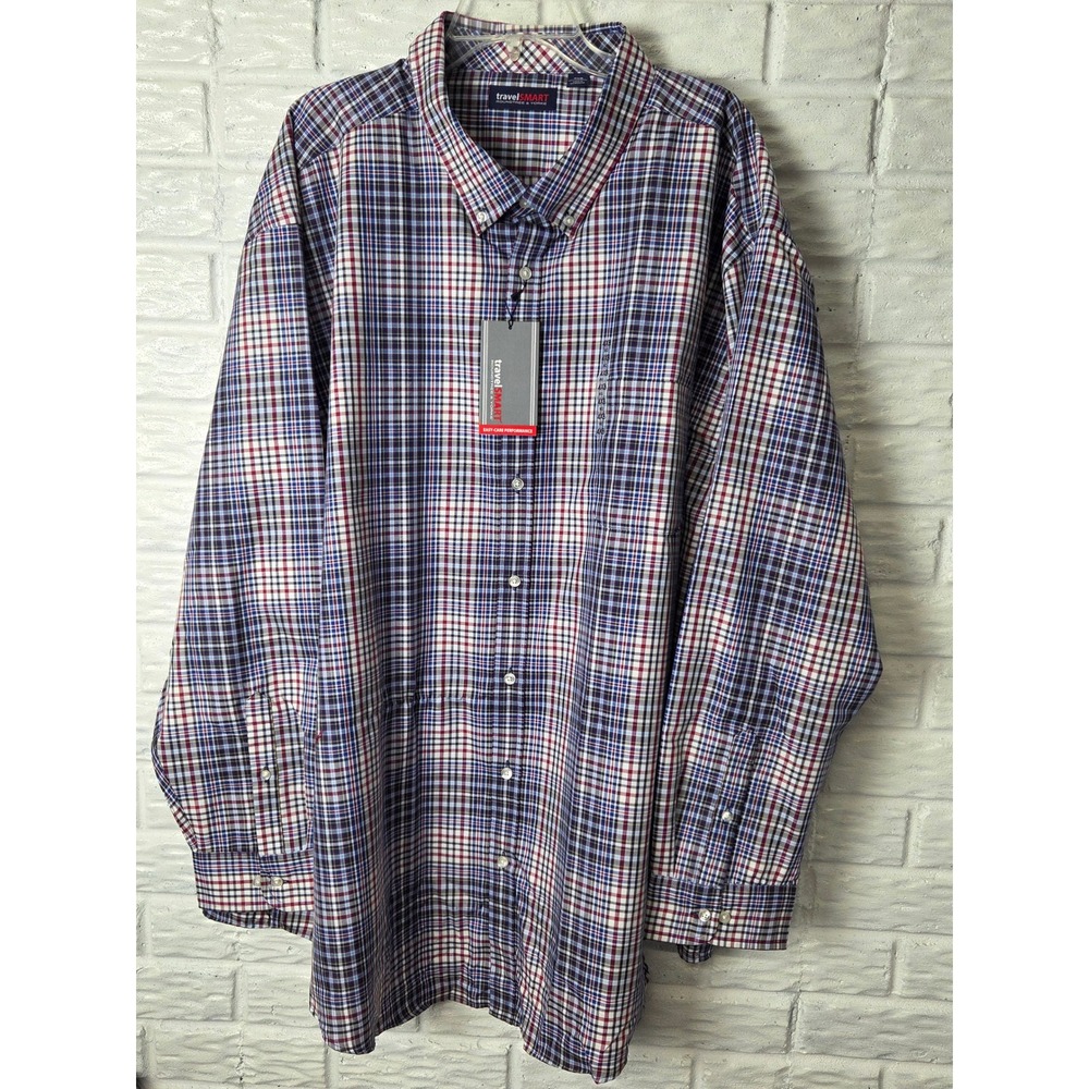 NWT Roundtree & Yorke TravelSmart Mens 4XB Big Blue Red Button Up Easy Care